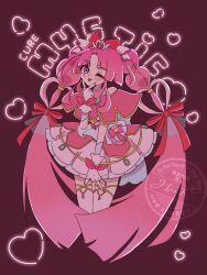  1girl ;p back_bow bare_shoulders blue_bow blunt_bangs blunt_ends blush bow braid brooch character_name closed_mouth commentary cropped_legs cure_mystique dark_background dress earrings english_text fingerless_gloves fingernails glove_bow gloves gold_trim hair_bow hair_ornament hand_on_own_face heart heart_brooch highres impossible_hair jewelry kobayashi_mikuru layered_dress legs_together long_hair looking_at_viewer magical_girl medium_dress meitantei_precure! off-shoulder_dress off_shoulder one_eye_closed pact_holder parted_bangs pink_background pink_bow pink_dress pink_gloves pink_hair pink_theme pink_thighhighs pleated_dress pouch precure puni2_kuru2 red_bow sidelocks solo spread_fingers text_background thick_eyebrows thigh-highs tongue tongue_out twin_braids v v_over_mouth very_long_hair violet_eyes watermark wing_hair_ornament 