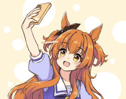  1girl animal_ears blush bow brown_ribbon cellphone collarbone commentary_request ear_bow ear_ribbon hair_between_eyes holding holding_phone horse_ears horse_girl long_hair mayano_top_gun_(umamusume) mottarerati_zu open_mouth orange_eyes orange_hair phone puffy_short_sleeves puffy_sleeves purple_shirt ribbon sailor_collar sailor_shirt school_uniform selfie shirt short_sleeves smartphone smile solo teeth tracen_school_uniform two_side_up umamusume upper_teeth_only white_sailor_collar 