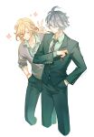  2boys ahoge alhaitham_(genshin_impact) alternate_costume blonde_hair bracelet braid buttons cancanbingo closed_mouth collarbone feet_out_of_frame formal genshin_impact green_pants green_shirt green_suit grey_hair hair_between_eyes hair_over_one_eye hand_in_pocket highres jewelry kaveh_(genshin_impact) looking_at_viewer medium_hair multiple_boys one_eye_closed pants shirt simple_background smile standing suit tuxedo v v-shaped_eyebrows white_background 