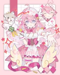  1girl :d ahoge bare_shoulders biko0205 blue_eyes blush border clover commentary commission corset cropped_legs dress four-leaf_clover frilled_thigh_strap frilled_wrist_cuffs frills grid_background hair_between_eyes hair_intakes highres holding holding_clover long_hair looking_at_viewer open_mouth original outside_border outstretched_arm pink_border pink_corset pink_hair short_sleeves sleeveless sleeveless_dress smile symbol-only_commentary thank_you thigh_strap watermark white_background white_dress wrist_cuffs 