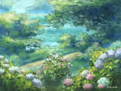  bush commentary_request day flower highres nature no_humans okurasato original outdoors path pink_flower scenery tree white_flower 