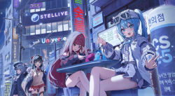  +_+ 4girls absurdres akane_lize animal_ear_fluff animal_ears arahashi_tabi black_hair black_hat black_jacket black_shorts black_skirt blonde_hair blue_bow blue_bowtie blue_eyes blue_hair bow bowtie building cat_ears center_frills creature crop_top frilled_skirt frills goggles goggles_on_head grey_eyes grey_hair grey_skirt haedungi_(shirayuki_hina) hair_ribbon hat high-waist_skirt highres jacket jacket_partially_removed kagemoe1003 korean_text long_hair long_sleeves maro_(neneko_mashiro) multicolored_hair multiple_girls neneko_mashiro night on_stool open_mouth outdoors pienna_(akane_lize) pleated_skirt power_lines pungdangi_(arahashi_tabi) red_eyes red_hair red_ribbon red_skirt ribbon shirayuki_hina shirt short_hair shorts sitting skirt sky stellive stool streaked_hair sweater_vest table thigh-highs twintails utility_pole very_long_hair virtual_youtuber white_jacket white_shirt yellow_sweater_vest 