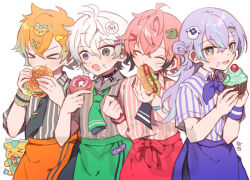  >_< 4boys :o ahoge akagi_wen alternate_costume apple apron bandaid bandaid_on_wrist black_hair black_necktie black_pants blue_eyes bow bowtie burger clenched_hand closed_eyes collared_shirt colored_tips commentary cowboy_shot crumbs cupcake doughnut eating food fruit gradient_hair green_apron green_eyes green_hair green_necktie hayashidadesu heterochromia holding holding_burger holding_donut holding_food hoshirube_sho hot_dog kirin-chan_(usami_rito) long_hair male_focus multicolored_hair multiple_boys murakumo_kagetsu necktie nijisanji open_mouth orange_apron orange_hair otomo_(hoshirube_sho) pants pink_hair pink_shirt purple_apron purple_bow purple_bowtie purple_hair shirt short_sleeves signature smile streaked_hair striped_clothes striped_shirt usami_rito vertical-striped_clothes vertical-striped_shirt virtual_youtuber waist_apron watakumo_(murakumo_kagetsu) white_hair white_shirt wristband 
