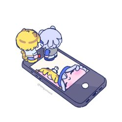 2boys 999purrcent :> animal_ears bear_boy bear_ears blanc_(heartopia) cellphone cellphone_photo chibi chibi_only closed_eyes commentary figures_taking_selfie_(meme) from_above from_below hair_over_eyes heartopia male_focus meme mini_person multiple_boys negative_space phone selfie signature smartphone standing_on_object striped_tail symbol-only_commentary tail tiger_boy tiger_ears tiger_tail vanya_(heartopia) viewfinder 