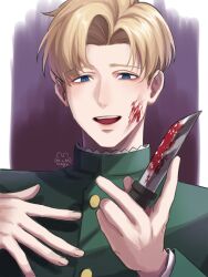  1boy blonde_hair blood blood_on_face blood_on_knife blue_eyes buttons chi.:_chikyuu_no_undou_ni_tsuite commentary_request green_jacket highres holding holding_knife jacket knife looking_at_viewer male_focus marmalademaymay13 open_mouth rafal_(chi.) short_hair signature solo 