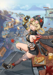  absurdres asymmetrical_legwear autumn_leaves beer_mug black_nails black_shorts blonde_hair braid braided_hair_rings breasts cup detached_sleeves fang genshin_impact goggles goggles_on_head hair_rings hat highres hot_dog jahoda_(genshin_impact) leaf lumine_(genshin_impact) mechanical_arms mismatched_legwear moonui mug nefer_(genshin_impact) on_roof paimon_(genshin_impact) prosthesis prosthetic_arm shorts single_detached_sleeve single_mechanical_arm single_thighhigh sitting sitting_on_roof small_breasts star-shaped_pupils star_(symbol) symbol-shaped_pupils thigh-highs town yellow_eyes 
