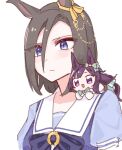  2girls :d air_groove_(umamusume) animal_ears black_hair blue_bow blue_eyes blue_shirt bow chibi closed_mouth commentary_request ear_bow hair_between_eyes horse_ears horse_girl horse_tail long_hair lowres mejiro_dober_(umamusume) multiple_girls nitsu_(nitsuni2_2) on_shoulder parted_bangs puffy_short_sleeves puffy_sleeves purple_hair shirt short_hair short_sleeves simple_background smile tail umamusume upper_body very_long_hair violet_eyes white_background 