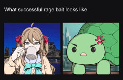  1girl absurdres ahoge anger_vein aqua_bow aqua_bowtie bow bowtie brown_hair cardigan commentary commission cup dreamplanes drinking english_commentary english_text grey_eyes grey_sailor_collar hair_ornament hair_ribbon heart heart_hair_ornament highres holding holding_cup long_hair meme neuro-sama ragebaiting red_ribbon ribbon sailor_collar turtle two_side_up vedal987 vedal_ai virtual_youtuber yellow_cardigan 