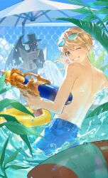  2boys absurdres blonde_hair blue_eyes blue_sky clouds command_spell commentary_request day eyewear_on_head fate/strange_fake fate_(series) fence flat_escardos hat highres holding holding_newspaper holding_water_gun jack_the_ripper_(fate/strange_fake) jacket korean_commentary looking_at_viewer male_focus male_swimwear multiple_boys newspaper one_eye_closed open_mouth outdoors plant pool potato_goril short_hair single_wing sky smile sunglasses swim_ring swim_trunks top_hat topless_male wading water_gun wings 