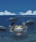  2boys 40599 barefoot black_hair black_shorts chair closed_mouth cup drink drinking_glass drinking_straw food fruit gon_freecss green_shorts hand_on_own_face highres horizon hunter_x_hunter killua_zoldyck looking_ahead looking_at_another male_child male_focus multiple_boys ocean shirt short_hair shorts sitting smile spiky_hair table watermelon watermelon_slice white_hair white_shirt 