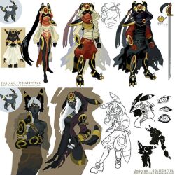  1boy 1girl black_hair black_skin boots cape cloak colored_skin concept_art dollightful full_body gem highres hood hooded_cloak katherine_murray long_hair mask mouth_mask nipples personification pokemon ponytail puffy_pants standing sword umbreon umbreon_(dollightful) umbreon_ears umbreon_tail very_long_hair weapon 