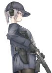  1girl black_gloves black_headwear black_pantyhose black_sailor_collar black_serafuku black_shirt black_skirt blush breasts commentary_request ear_protection fingerless_gloves from_side gloves grey_hair gun hair_between_eyes handgun holding holding_gun holding_weapon holstered looking_at_viewer looking_to_the_side medium_breasts original pantyhose parted_lips pleated_skirt ponytail sailor_collar school_uniform serafuku shirt shsuta_0013 simple_background skirt solo trigger_discipline violet_eyes weapon weapon_request white_background 