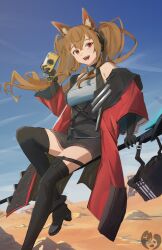  1girl absurdres angelina_(arknights) animal_ear_fluff animal_ears arknights arknights:_endfield bag bare_shoulders black_bag black_boots black_gloves black_thighhighs blue_sky boots bracelet breasts brown_hair camera coat commentary_request day desert dot_nose dress elbow_gloves english_commentary floating floating_hair fold-over_boots foot_out_of_frame fox_ears fox_girl from_below gilberta_(arknights) gloves grey_dress headpiece high_collar highres holding holding_camera holding_staff impossible_clothes infection_monitor_(arknights) jewelry long_hair long_sleeves looking_at_viewer medium_breasts mei_(meihkov) messenger_bag off_shoulder outdoors red_coat red_eyes short_dress shoulder_bag sky solo staff staff_riding teeth thigh-highs twintails upper_teeth_only wide_sleeves zettai_ryouiki 