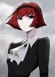  1girl black_eyes black_hairband bob_cut brooch closed_mouth clouds cloudy_sky dress expressionless formal hairband highres jewelry lightsource pale_skin r_dorothy_wayneright rain redhead short_hair sky solo the_big_o upper_body 