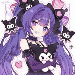  1girl bare_shoulders black_choker black_dress blush border bow character_hair_ornament checkered_background choker collarbone commentary dress elbow_gloves frilled_choker frills gloves grin hair_bow hair_ornament heterochromia highres holding kuromi long_hair looking_at_viewer my_melody_(series) original outside_border pink_bow pink_eyes purple_background purple_gloves purple_hair sanrio signature single_hair_intake single_sidelock sleeveless sleeveless_dress smile striped_bow symbol-only_commentary twintails upper_body violet_eyes white_border yukomeow 