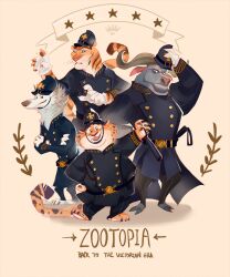  4boys arm_up b.i.a baton_(weapon) belt belt_buckle benjamin_clawhauser black_belt black_coat black_eyes black_pants buckle buffalo bull buttons cheetah chief_bogo claws closed_mouth coat commentary copyright_name crossed_arms custodian_helmet double-breasted english_commentary fangs fat fighting_stance frown furry furry_male gold_buttons grey_fur group_picture hand_on_own_hat hand_on_own_hip hat helmet high_collar highres holding_baton hooves long_sleeves looking_at_viewer looking_to_the_side male_focus multiple_boys officer_fangmeyer officer_wolford open_mouth orange_background orange_fur pants parted_lips police police_hat police_uniform policeman sharp_teeth simple_background smile spotted_fur striped_fur teeth tiger victorian weapon wolf zootopia 