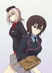  2girls black_hat black_jacket black_necktie blue_eyes brown_eyes brown_hair commentary_request cross garrison_cap girls_und_panzer gradient_background grey_hair grey_skirt hat highres holding holding_toy iron_cross itsumi_erika jacket kuromorimine_military_uniform long_sleeves looking_at_viewer looking_to_the_side military military_hat military_jacket military_uniform military_vehicle miniskirt mito_(mitotank) model_kit motor_vehicle multiple_girls necktie niedersachsen_military_uniform nishizumi_maho pleated_skirt red_skirt short_hair simple_background skirt tank tiger_i toy 