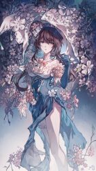  1girl aqua_eyes asymmetrical_gloves bow branch brown_hair commentary dress floral_print flower gem gloves gradient_background hand_up hashtag-only_commentary highres honkai:_star_rail honkai_(series) long_hair mismatched_gloves off_shoulder official_alternate_costume parted_lips plum_blossoms ruan_mei_(honkai:_star_rail) ruan_mei_(plumblossom_letter)_(honkai:_star_rail) symbol-only_commentary thigh_strap two-tone_dress uneven_gloves ytyutiktv 