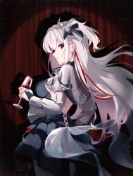  1girl absurdres akane_lize bare_back black_bridal_gauntlets black_dress bridal_gauntlets capelet closed_mouth commentary_request cowboy_shot crown cup dress earrings from_side grey_capelet highres holding holding_cup hyin jewelry long_hair long_sleeves looking_at_viewer mini_crown multicolored_hair red_eyes red_hair red_streaks ring solo stellive two-tone_hair virtual_youtuber white_hair 