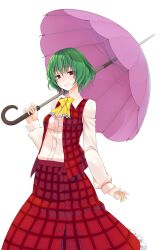  1girl ascot blouse breasts closed_mouth commentary_request cowboy_shot crote frills green_hair hair_between_eyes hand_up highres holding holding_umbrella kazami_yuuka large_variant_set long_hair long_skirt long_sleeves looking_at_viewer medium_breasts open_clothes open_vest plaid_clothes plaid_skirt red_eyes shirt short_hair simple_background skirt skirt_set solo standing touhou transparent_background umbrella variant_set vest 