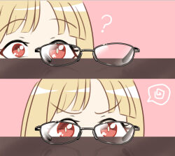  1girl ? bespectacled black-framed_eyewear blonde_hair blueiseul blunt_bangs cho_kaguya-hime! commentary furrowed_brow glasses highres kaguya_(cho_kaguya-hime!) looking_at_viewer multiple_views pink_background portrait red_eyes reflection symbol-only_commentary table unworn_eyewear 