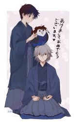  2boys black_hair blush border calligraphy_brush closed_mouth commentary_request doll dot_mouth highres holding holding_calligraphy_brush holding_doll holding_paintbrush ikari_shinji japanese_clothes looking_at_viewer male_focus multiple_boys nagisa_kaworu neon_genesis_evangelion outside_border paintbrush red_eyes short_hair sitting standing translation_request twitter_username wariza white_border yorumi1117 