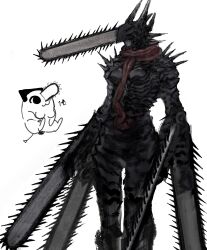  1girl arm_mounted_weapon armor black_armor black_scales breasts chainsaw_devil chainsaw_man commentary_request cowboy_shot demon_horns genderswap genderswap_(mtf) highres horns idmiydoa monster no_eyes pochita_(chainsaw_man) sharp_teeth small_breasts solo spiked_arm teeth 
