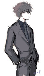  1boy black_shirt closed_mouth collared_shirt grey_hair grey_necktie grey_suit hands_in_pockets highres male_focus nagisa_kaworu necktie neon_genesis_evangelion shirt short_hair signature simple_background solo suit unfinished white_background yorumi1117 