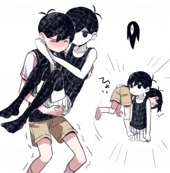  2boys antenna_hair arm_around_neck black_eyes black_hair black_sweater_vest black_tank_top black_thighhighs blush brown_shorts carrying carrying_over_shoulder closed_eyes closed_mouth collarbone collared_shirt colored_skin commentary_request double-parted_bangs dual_persona full-face_blush hair_between_eyes highres looking_at_another male_focus multiple_boys omori omori_(omori) princess_carry shirt short_sleeves shorts simple_background socks something_(omori) striped_clothes striped_shorts sunny_(omori) sweatdrop sweater_vest tank_top thigh-highs translation_request vertical-striped_clothes vertical-striped_shorts white_background white_shirt white_shorts white_skin white_socks yutsu 