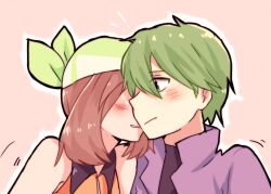  ! !! 1boy 1girl bandana blush brown_hair collared_shirt drew_(pokemon) green_bandana green_eyes green_hair hetero outline pink_background pokemon pokemon_(anime) pokemon_rse_(anime) shirt sleeveless sleeveless_shirt white_outline zenika_(josubae) 