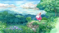  1girl apron blonde_hair blue_sky clothes_lift clouds commentary_request day dress dress_lift efira field flower forest grass iris_(flower) landscape meadow mountainous_horizon nature original outdoors painting_(medium) plant purple_flower red_dress red_shoes rock scenery shoes sky solo standing traditional_media tree watercolor_(medium) white_apron wide_shot wind wind_lift 