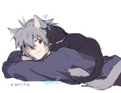  1boy animal animal_ears black_cat cat cat_boy cat_ears cat_tail closed_mouth grey_hair hair_between_eyes heart highres intertwined_tails looking_at_animal lying male_focus nagisa_kaworu neon_genesis_evangelion on_stomach red_eyes short_hair signature simple_background tail translation_request upper_body white_background yorumi1117 