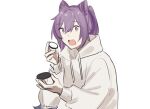  1girl commentary cone_hair_bun food genshin_impact hair_bun highres holding holding_food hood hoodie keqing_(genshin_impact) long_hair long_sleeves looking_at_viewer open_mouth oreo purple_hair sidelocks simple_background solo surprised tomseachi twitter_username violet_eyes white_background white_hoodie 