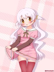  1girl blush brown_ribbon clothes_lift commentary_request frilled_skirt frills hair_ornament highres long_hair looking_at_viewer mahou_shoujo_madoka_magica mahou_shoujo_madoka_magica_(anime) momoe_nagisa orange_eyes pink_thighhighs ribbon sailor_collar skirt thigh-highs white_hair yanmaami 