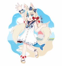  1girl :d ahoge animal_ear_fluff animal_ears animal_on_shoulder arm_up artist_logo artist_name bare_arms beach blonde_hair blue_bow blue_eyes blue_sailor_collar blue_scrunchie blue_sky blue_streaks blunt_bangs bow brown_sandals buttons cat_ears clouds cloudy_sky collarbone commentary crab crab_on_shoulder curled_fingers day dot_nose dress english_commentary fang fins fish_girl fish_tail frilled_dress frilled_sailor_collar frills full_body gold_buttons hair_bow hair_ornament hanifanims highres indie_virtual_youtuber kaniki_(sameko_saba) knees_together_feet_apart lifebuoy_anklet lifebuoy_hair_ornament lighthouse logo long_hair looking_at_viewer low_twintails multicolored_hair no_toes ocean on_shoulder open_mouth outdoors outline sailor_collar sailor_dress sameko_saba sameko_saba_(1st_costume) sandals scrunchie short_dress sky sleeveless sleeveless_dress smile solo spread_fingers standing streaked_hair tail twintails two-tone_hair very_long_hair virtual_youtuber waving white_dress white_outline 