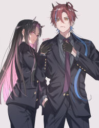  2boys absurdres adjusting_clothes adjusting_necktie alternate_costume alternate_hairstyle artist_name black_gloves black_hair black_jacket black_pants black_suit blue_hair blue_streaks buttoned_cuffs buttons cho_kaguya-hime! closed_mouth colored_inner_hair commentary_request cone_horns cowboy_shot curtained_hair dress_pants dress_shirt ear_piercing expressionless face_piercing forehead gloves grey_background grey_horns grey_shirt grin hair_between_eyes hair_down hand_in_pocket hand_on_another's_shoulder highres horns jacket komazawa_noi lip_piercing lip_ring long_hair long_sleeves looking_at_viewer low_side_ponytail male_focus middle_part mikado_akira_(cho_kaguya-hime!) mikan_(artist) multicolored_hair multiple_boys multiple_piercings necktie oni pants piercing pink_eyes pocket profile purple_necktie red_hair red_horns shirt side_labret_piercing sideways_glance simple_background small_horns smile standing straight-on streaked_hair suit suit_jacket trap two-tone_hair very_long_hair yellow_eyes 