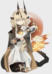  1girl ahoge arknights black_gloves blonde_hair cocking_gun commentary dragon_horns dragon_tail dress fire flame-tipped_tail frown gloves green_eyes gun handgun highres holding holding_gun holding_weapon horns i'm_a_healer_but..._(meme) long_hair long_sleeves meme odmised reed_(arknights) reed_the_flame_shadow_(arknights) sidelocks simple_background solo symbol-only_commentary tail weapon white_background white_dress 