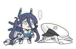  ... 2girls :d aris_(armed)_(blue_archive) aris_(blue_archive) black_hair blue_archive blue_eyes brown_eyes chibi commentary crossed_bandaids hair_between_eyes hair_over_one_eye halo hat headgear leotard long_hair lying malkuth_(blue_archive) multiple_girls nyaru_(nyaru_4126) on_stomach simple_background smile spoken_ellipsis standing tears twintails very_long_hair white_background white_hair white_hat white_leotard 