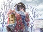  1girl absurdres bare_tree black_hair blue_eyes blush cable_knit can canned_coffee clouds cloudy_sky coat commentary_request duffel_coat earmuffs fingernails highres incoming_drink long_fingernails looking_away nervous original outdoors revision sakura_inu_(itoyatomo) scarf sky sleeves_past_wrists snow snowing solo tree vending_machine winter winter_clothes winter_coat 