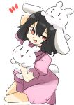  1girl :d animal animal_ears animal_on_head black_hair dress highres holding holding_animal inaba_tewi kyoroniki looking_at_viewer on_head open_mouth pink_dress pink_eyes rabbit rabbit_ears rabbit_girl rabbit_tail short_hair short_sleeves simple_background smile solo tail touhou white_background 