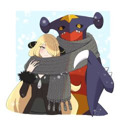  1girl 1other black_jacket blonde_hair blue_background cynthia_(pokemon) garchomp green_eyes hair_ornament hair_over_one_eye highres jacket long_hair looking_at_another mijukuma pokemon pokemon_(creature) pokemon_dppt scarf simple_background upper_body 