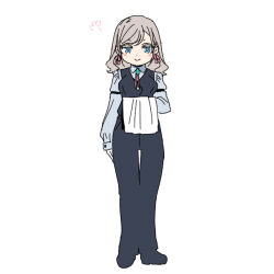  1girl alternate_costume black_pants black_vest blue_eyes blush_stickers breasts butler ceras_yanagida_lilienfeld closed_mouth collared_shirt commentary_request fake_facial_hair female_butler full_body grey_hair grey_shirt hair_ribbon holding large_breasts link!_like!_love_live! long_hair long_sleeves looking_at_viewer love_live! pants pink_ribbon puff_of_air ribbon shinanoya_(satanicad) shirt simple_background smile solo standing straight-on vest virtual_youtuber wavy_hair white_background 