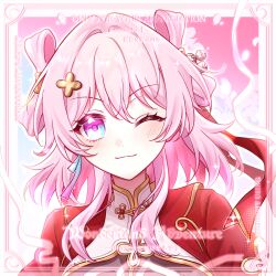  1girl ;3 absurdres artist_request border chinese_commentary chinese_hairstyle commentary_request commission highres honkai:_star_rail honkai_(series) march_7th_(honkai:_star_rail) march_7th_(hunt)_(honkai:_star_rail) medium_hair multicolored_eyes one_eye_closed pink_hair red_shirt second-party_source shirt solo two-tone_eyes upper_body watermark 