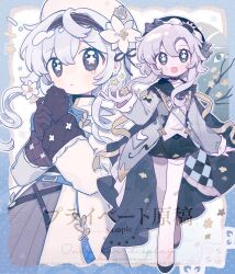  1girl :d black_gloves black_hat black_shoes black_skirt blue_border blush_stickers border brown_eyes closed_mouth coat commentary dot_nose double-parted_bangs fanqiealxe full_body gloves grey_coat grey_hair hair_between_eyes hand_up hat highres long_sleeves looking_at_viewer miniskirt multiple_views open_clothes open_coat open_mouth original outline outside_border pleated_skirt sample_watermark shoes short_hair_with_long_locks skirt smile standing star-shaped_pupils star_(symbol) symbol-only_commentary symbol-shaped_pupils thigh-highs watermark white_background white_hat white_outline white_thighhighs zettai_ryouiki 