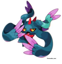  check_commentary colored_sclera commentary_request fang flutter_mane highres no_humans open_mouth pokemon pokemon_(creature) pokemon_focus red_sclera rorosuke simple_background skin_fang solo twitter_username white_background yellow_eyes 
