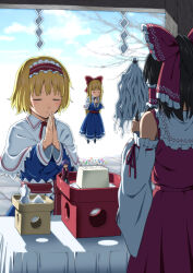  4girls alice_margatroid blonde_hair blue_dress bow brown_hair capelet closed_eyes closed_mouth commentary_request detached_sleeves dress frilled_bow frilled_hair_tubes frilled_hairband frilled_sash frills hair_bow hair_tubes hairband hakurei_reimu highres inuno_rakugaki japanese_clothes kimono lolita_hairband long_hair mini_person minigirl multiple_girls needle own_hands_together palms_together praying purple_hair red_bow red_hairband red_kimono red_sash red_skirt ribbon-trimmed_sleeves ribbon_trim sash shadow short_hair skirt skirt_set sukuna_shinmyoumaru table touhou waist_sash white_capelet 