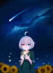 1girl absurdres ahoge black_cloak blue_eyes blue_hair bright_pupils cloak clouds crossed_bangs facing_viewer field fireflies flower flower_field hair_between_eyes heterochromia highres hood hood_down hooded_cloak indie_virtual_youtuber looking_afar looking_ahead mismatched_pupils multicolored_hair nebula night nisha_nixyeva outdoors parted_lips red_eyes shooting_star short_hair sky solo soul_carrier star-shaped_pupils star_(sky) star_(symbol) starry_sky streaked_hair sunflower symbol-shaped_pupils two-tone_hair virtual_youtuber white_hair white_pupils wide_sleeves