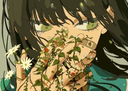  1girl aqua_sailor_collar bandaid bandaid_on_cheek bandaid_on_face bandaid_on_finger bandaid_on_hand brown_hair commentary_request flower green_eyes highres ligne_claire looking_to_the_side original portrait red_flower sailor_collar solo tsukii_(t_s_u_k_i_i) white_flower 