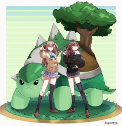  2girls ahoge asymmetrical_legwear bandaid bandaid_on_knee bandaid_on_leg black_cardigan blue_eyes bow bowtie brown_hair cardigan closed_mouth cosplay evil_neuro-sama hair_between_eyes hair_ornament hair_ribbon heart heart_hair_ornament highres holding holding_poke_ball long_hair long_sleeves mismatched_legwear multiple_girls neuro-sama poke_ball poke_ball_(basic) pokemon pokemon_dppt red_bow red_eyes red_ribbon ribbon sailor_collar siblings skirt smile the_artspear torterra torterra_(cosplay) tree turtle twins two_side_up vedal987 vedal_ai virtual_youtuber yellow_cardigan 