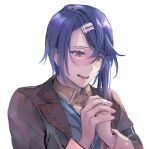  1boy alcryst_(fire_emblem) asymmetrical_hair blue_hair eyelashes fire_emblem fire_emblem_engage hair_between_eyes hair_ornament hairclip heavelle jewelry open_mouth own_hands_clasped own_hands_together red_eyes ring shirt short_hair smile solo white_background 